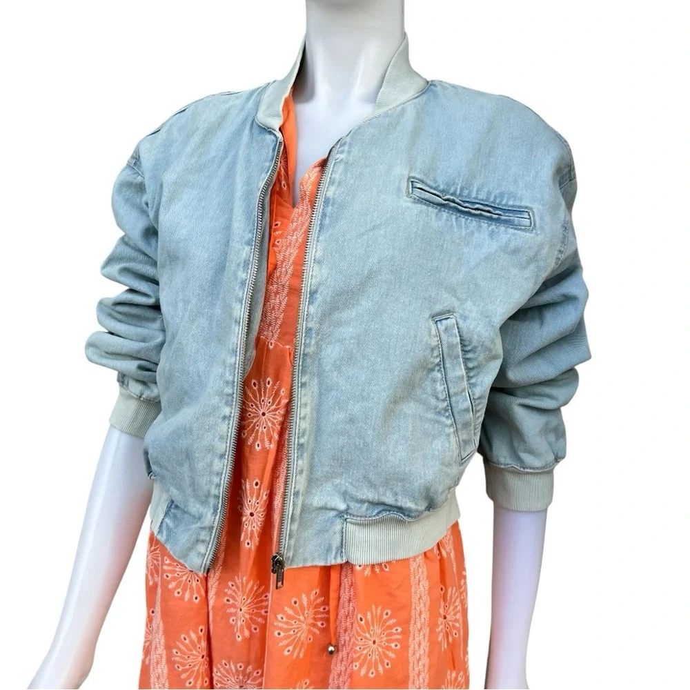 New Refuge Denim Pilot Bomber Sun Faded Boyfriend Jacket Grunge Casual Y2K NWT‎